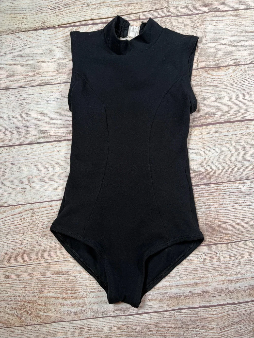 Kids Black Sleeveless Mock-Neck Open Back Leotard